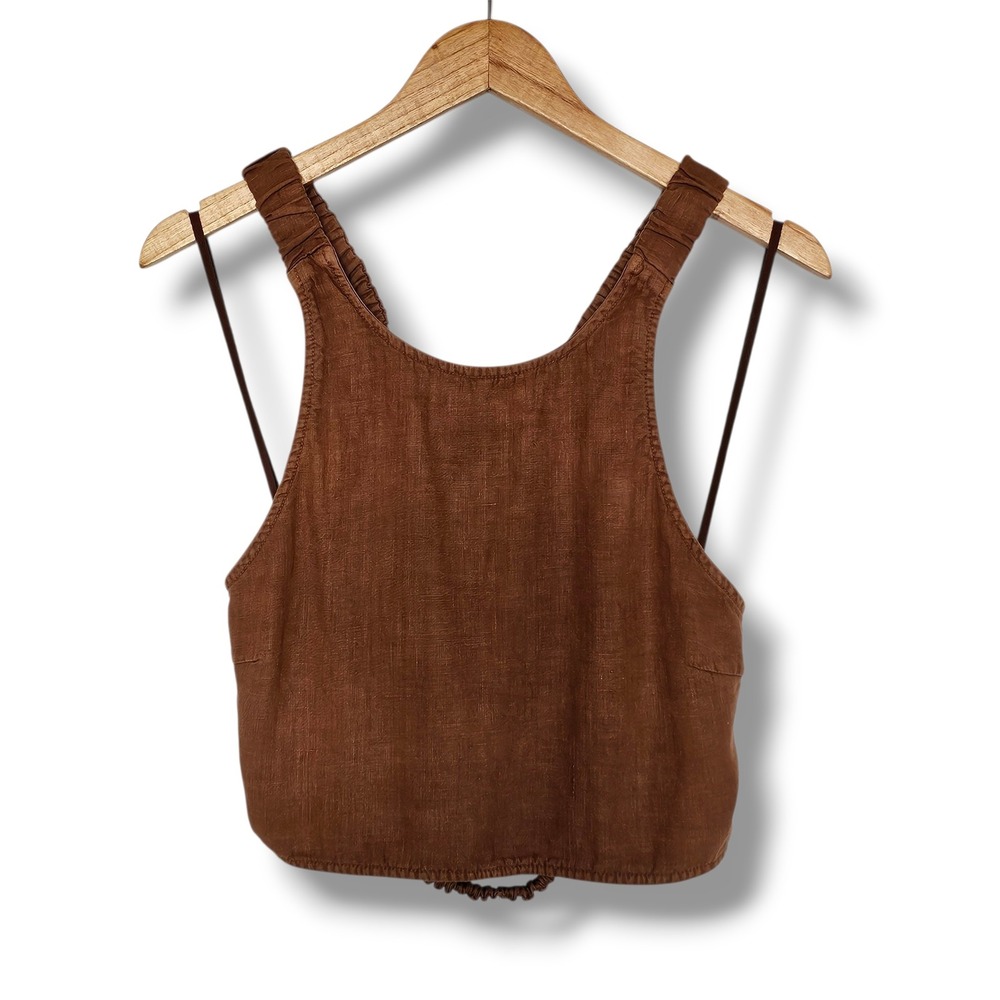 Bella Dahl 100% Linen Crop Top L Womens Brown Open Back Boho Chic Minimalist NEW
